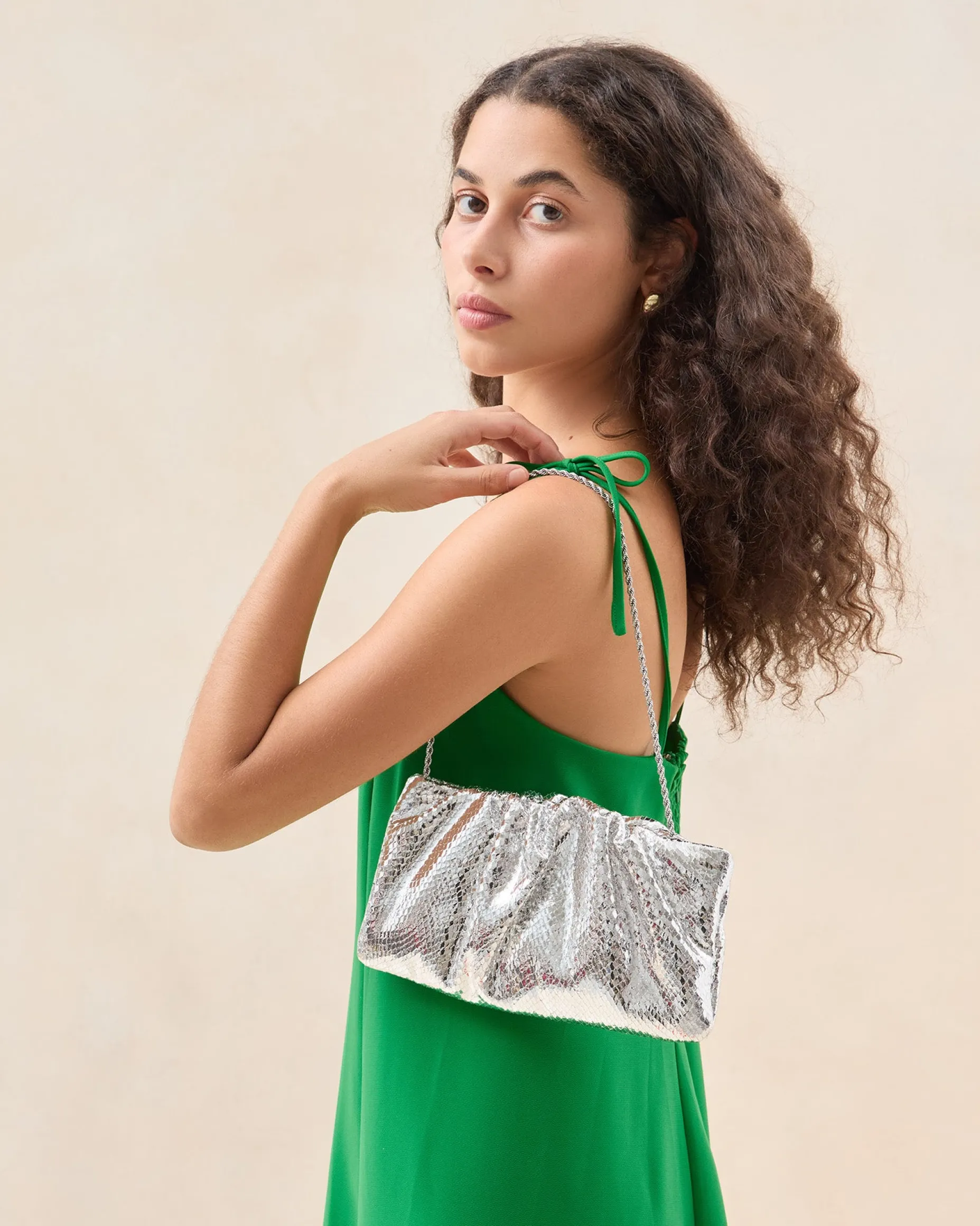 Serena Silver Gathered Leather Clutch