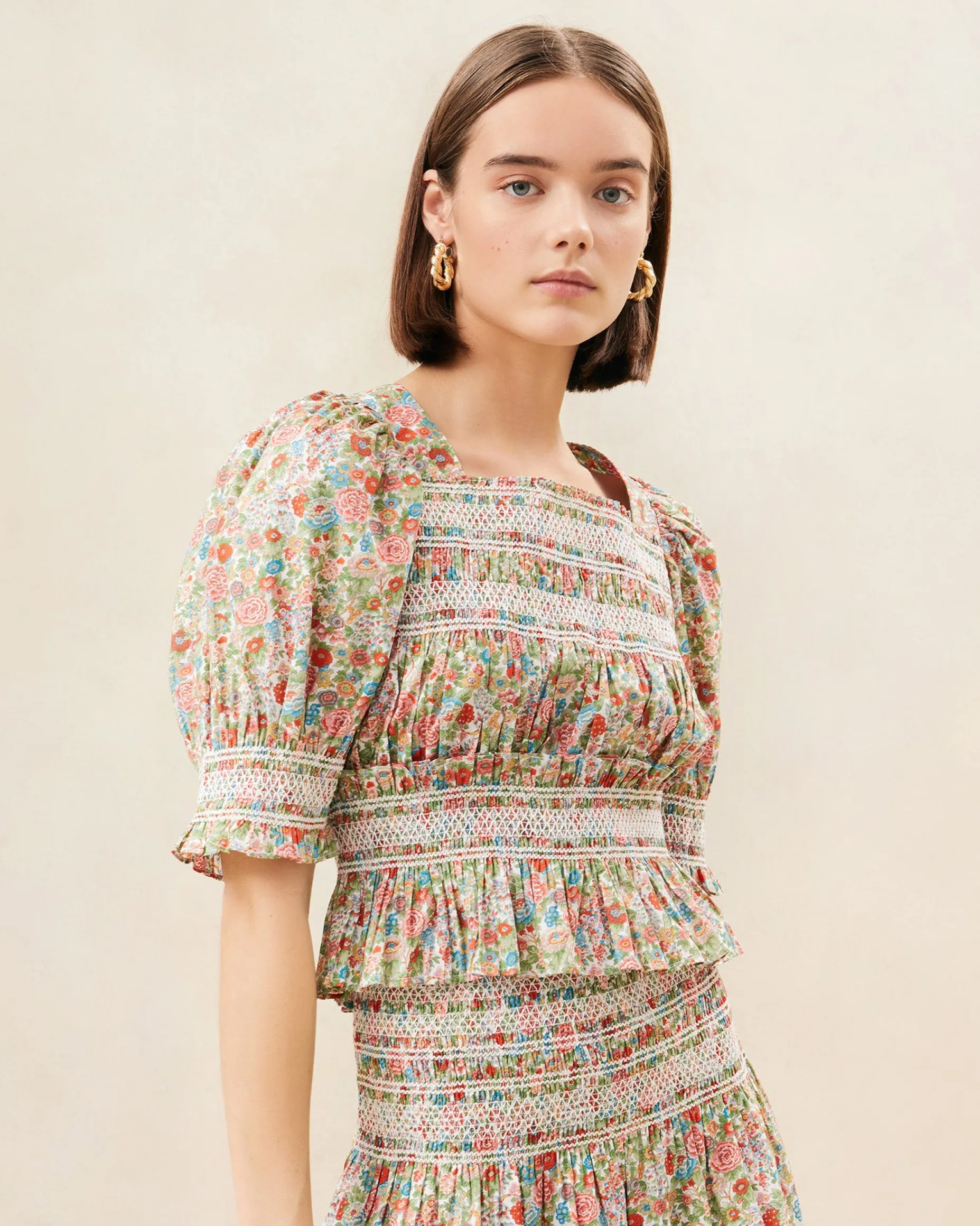 Nicola Cream Floral Cinched Blouse