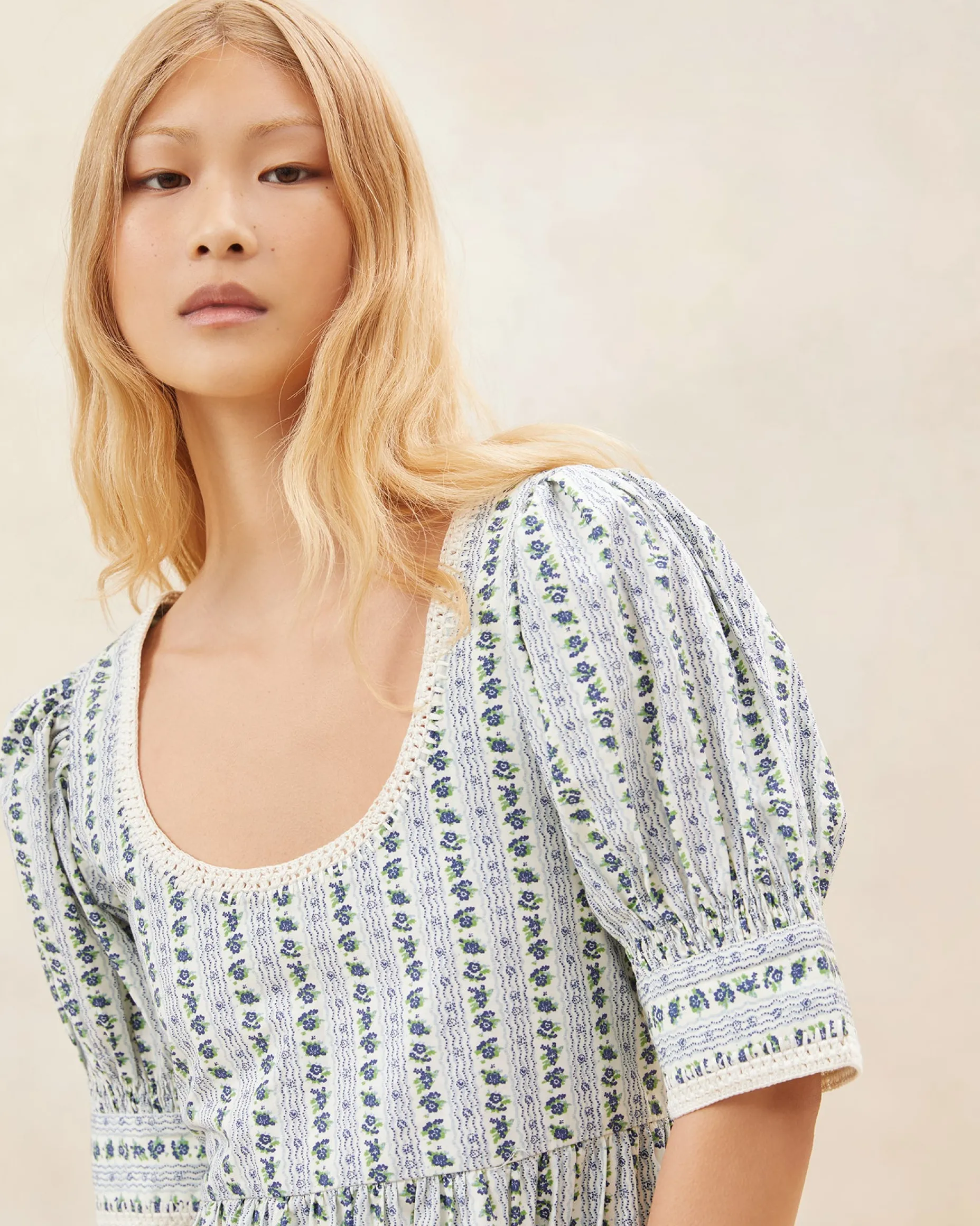 Gillian Blue Floral Puff-Sleeve Dress