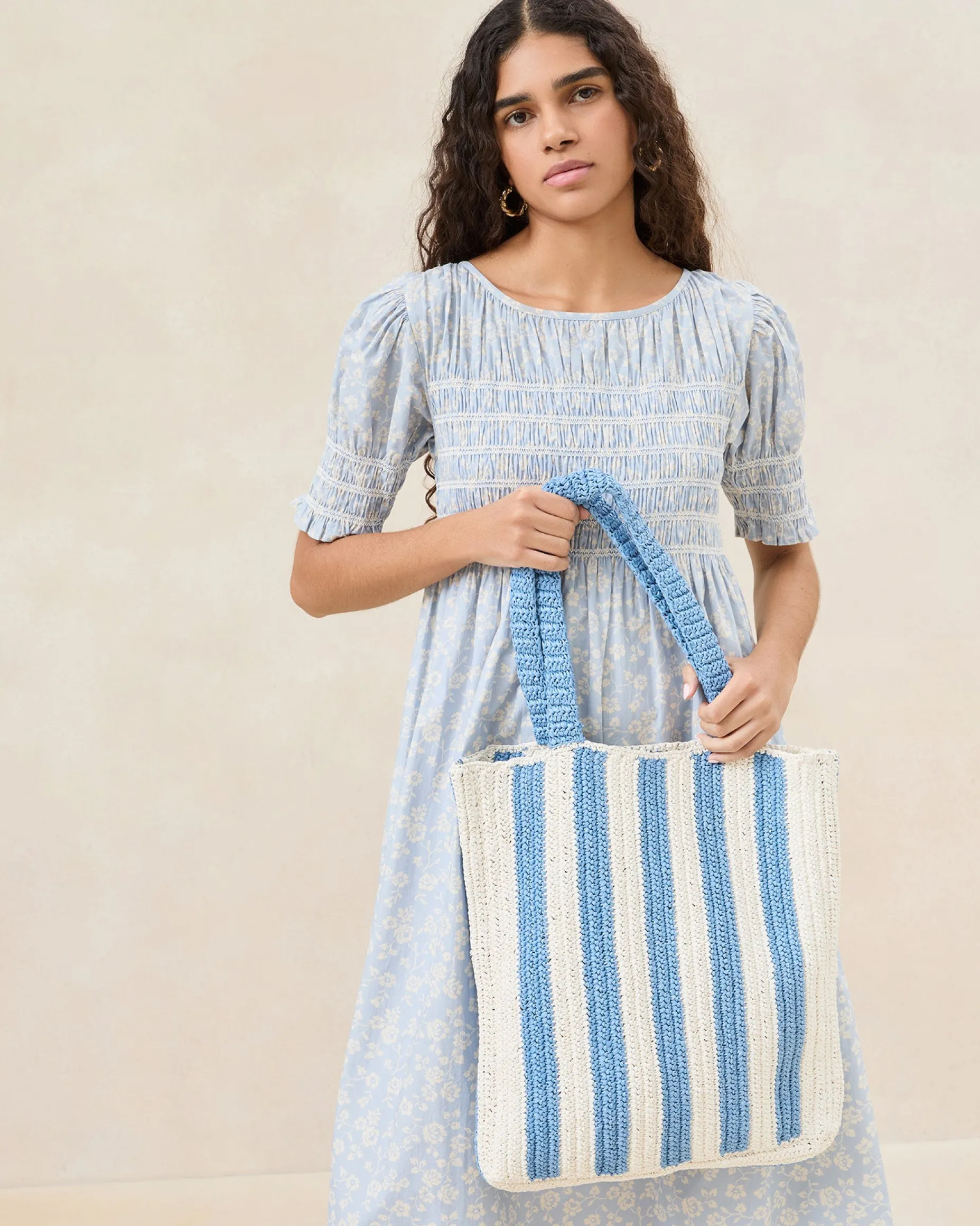 Orion Blue/White Raffia Tote