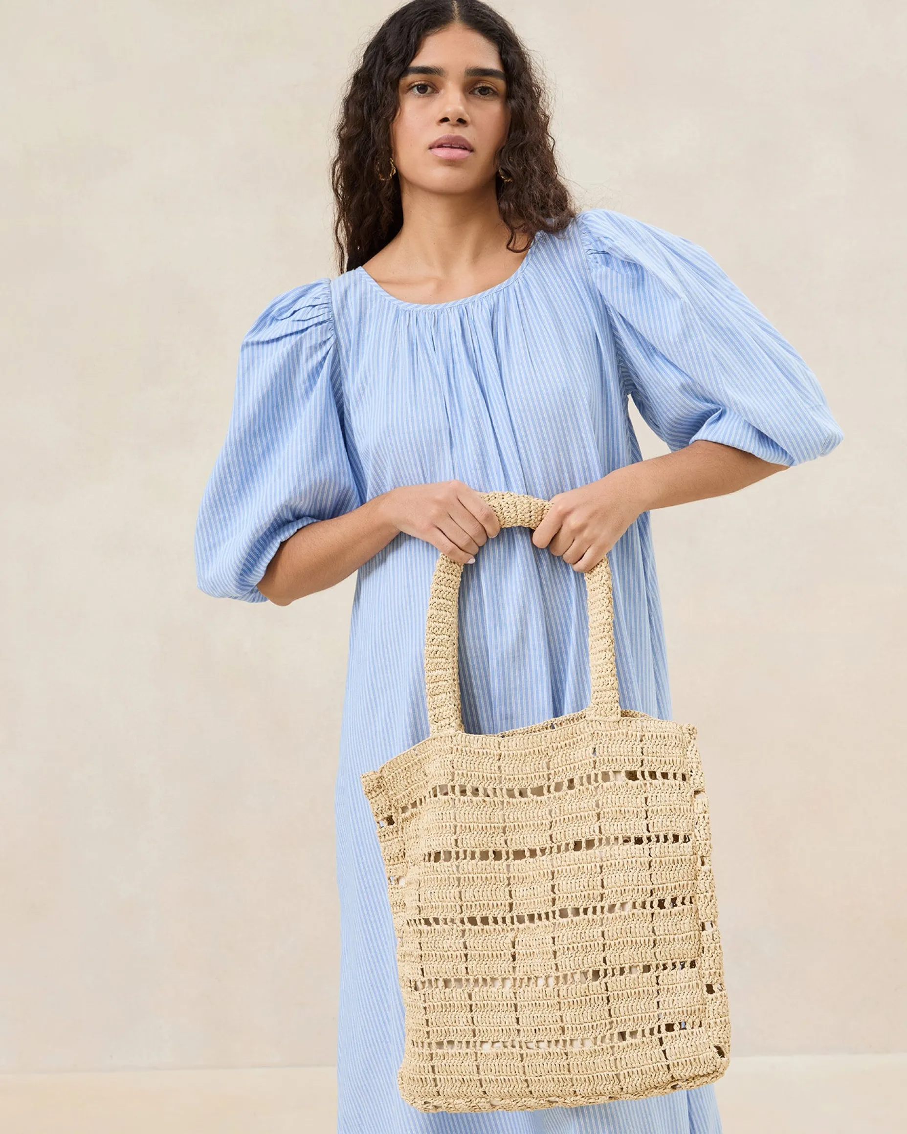 Orion Blue/White Raffia Tote