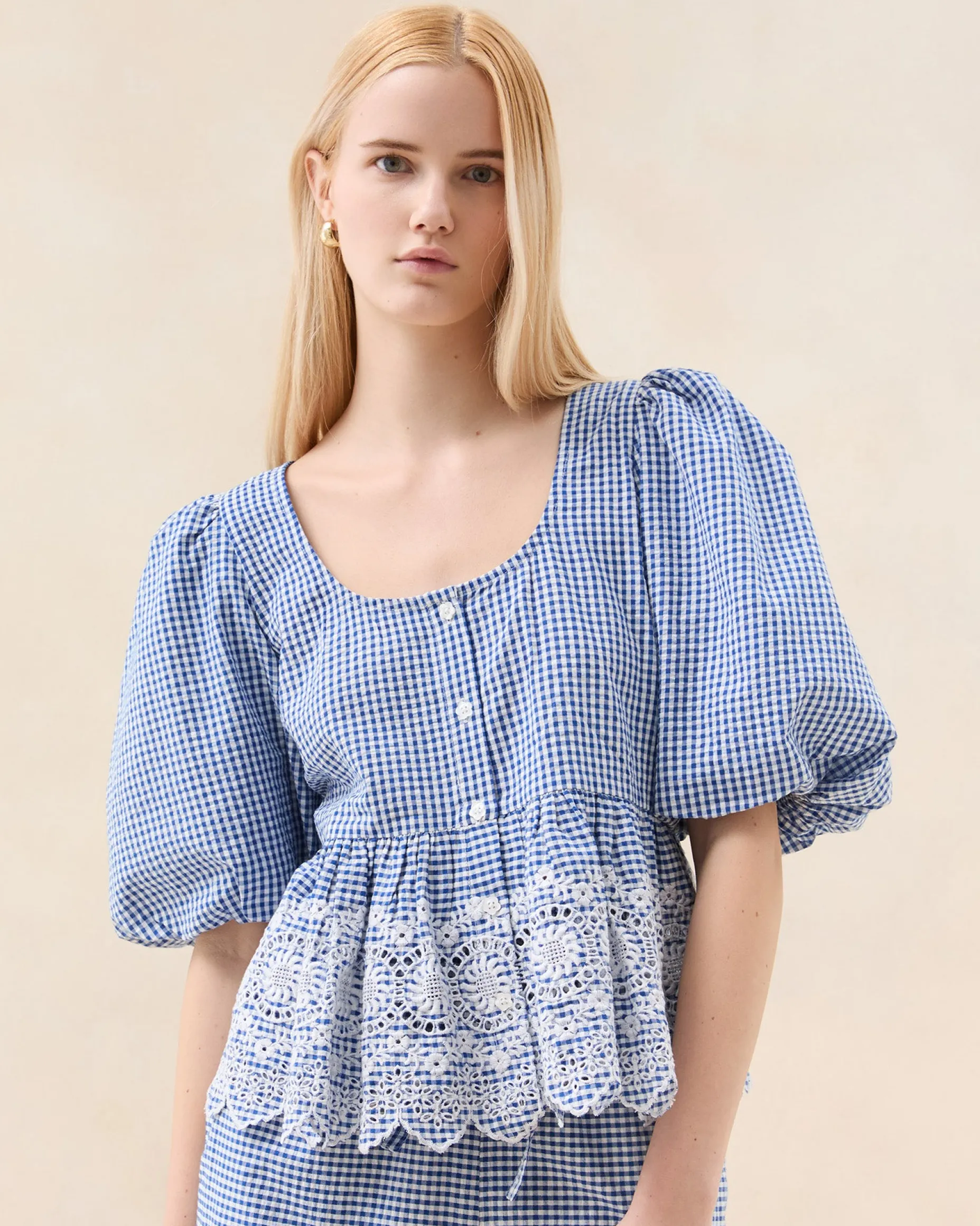 Jodie Blue Gingham Embroidered Top
