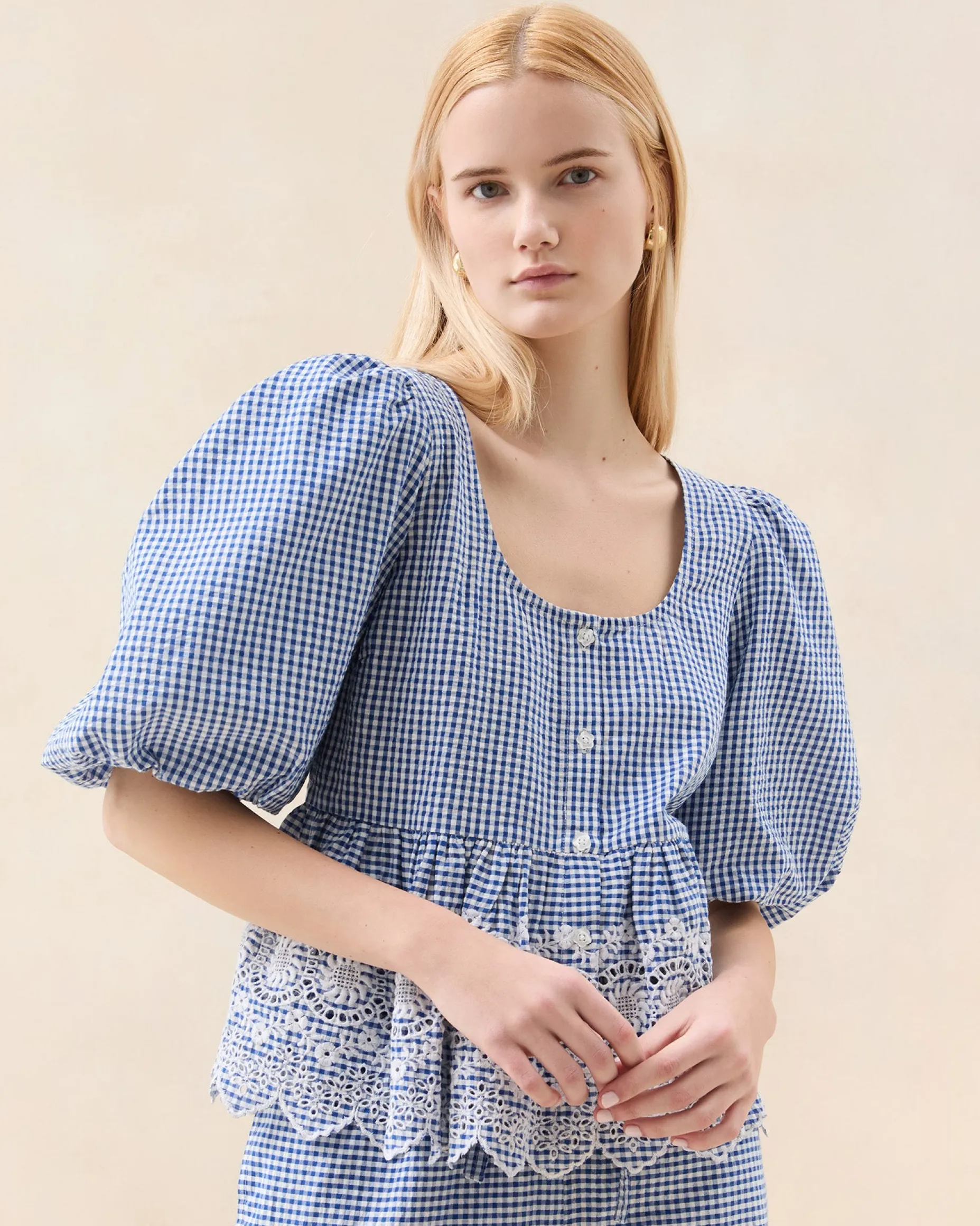 Jodie Blue Gingham Embroidered Top