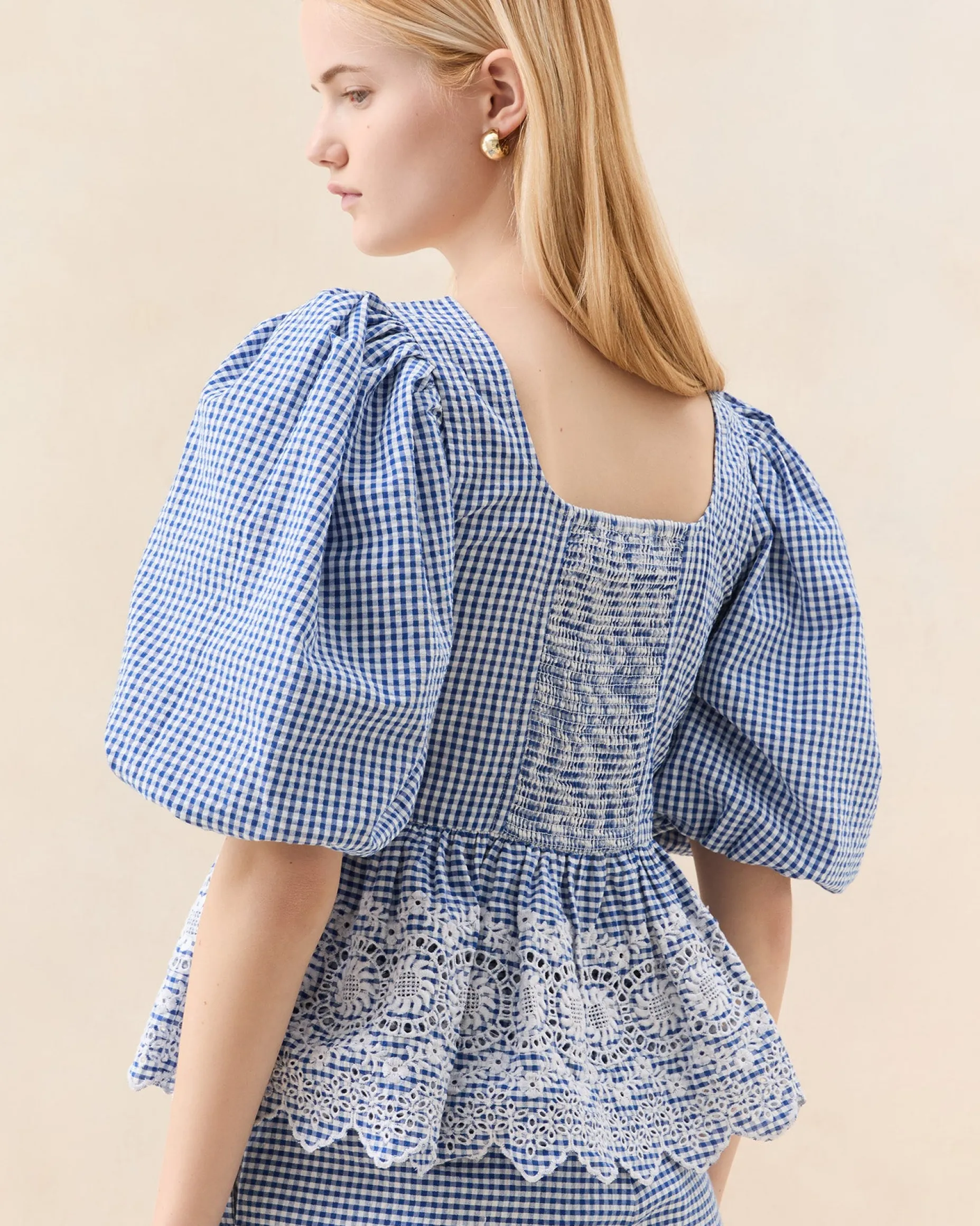 Jodie Blue Gingham Embroidered Top