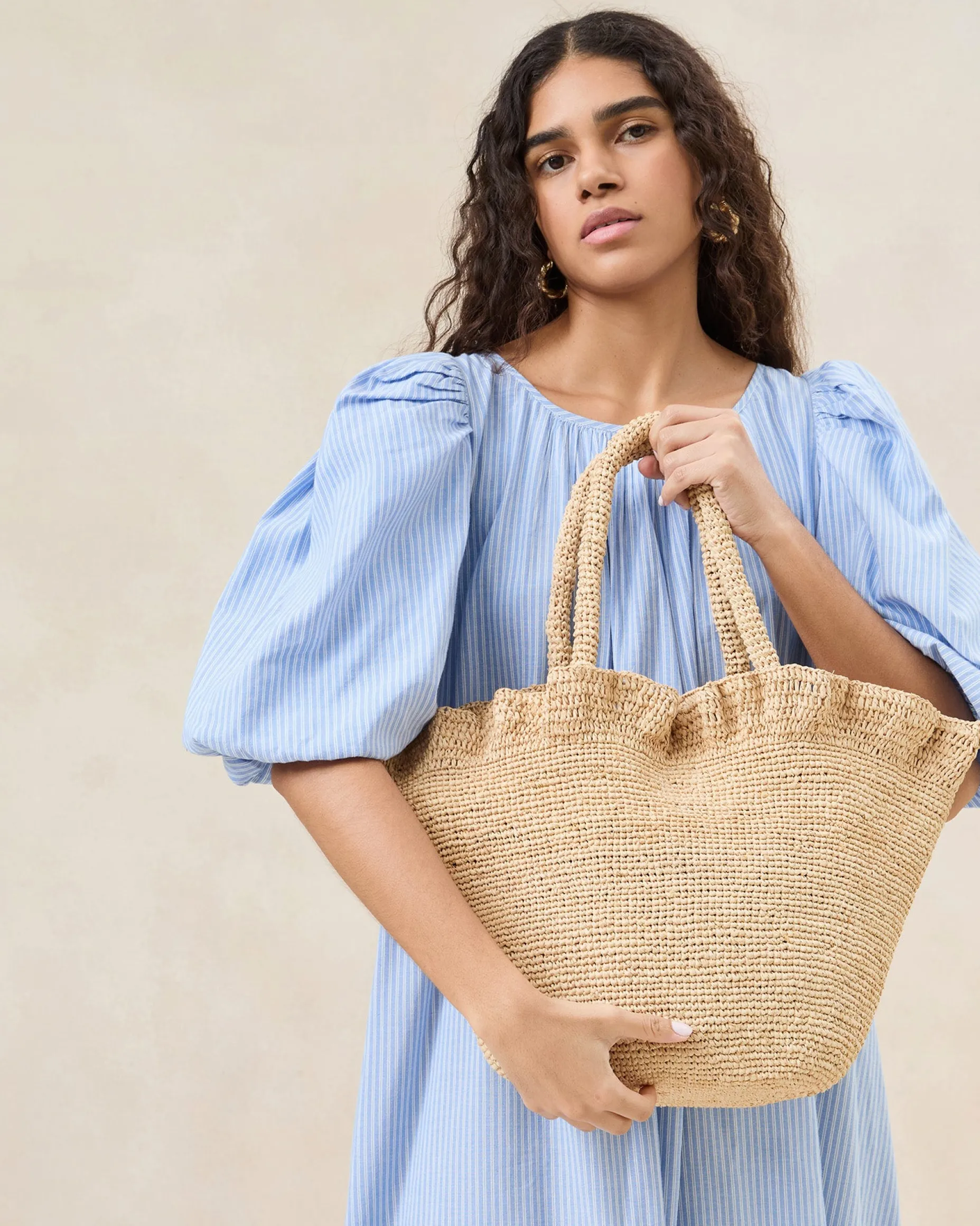 Cyrus Natural Ruffled Woven Tote