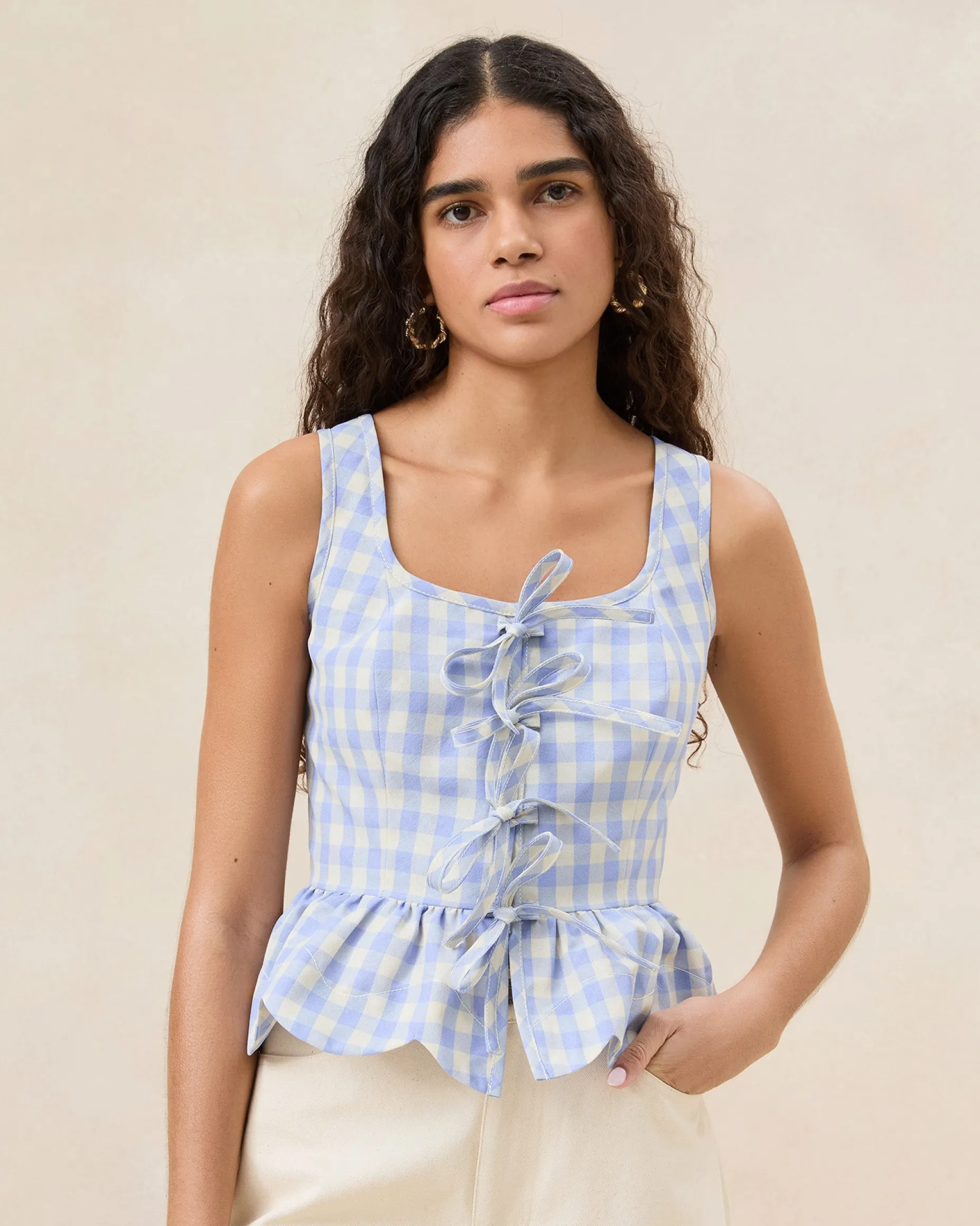 Pilar Blue Gingham Ruffle Top