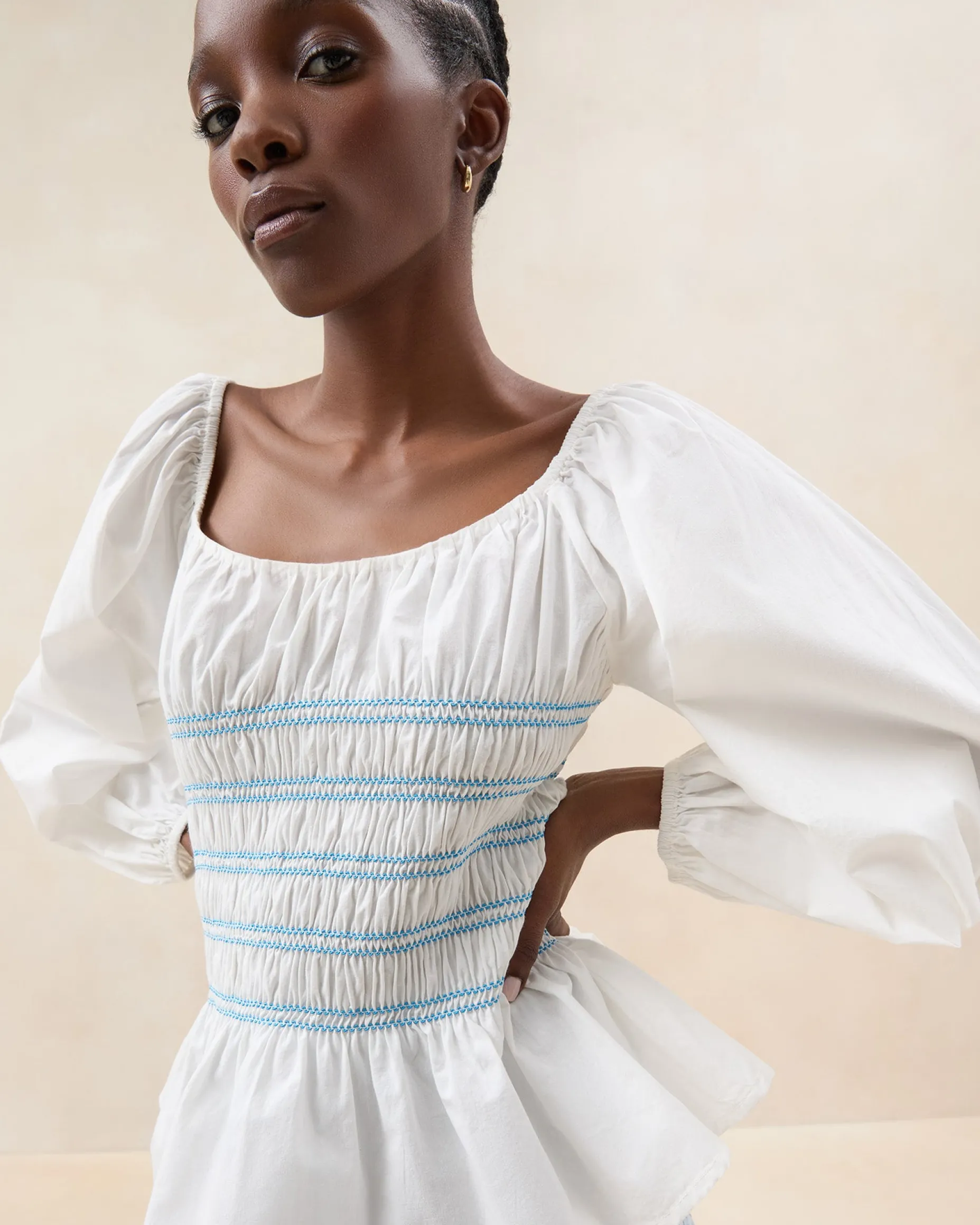 Julietta White Gathered Cotton Top